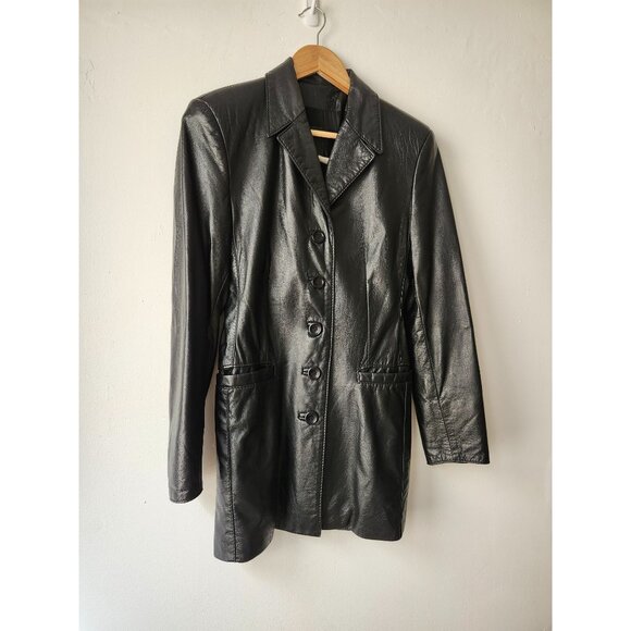 Vtg Late 90s Early 00s Women's Genuine Leather Long Black Button-Up Jacket Rock - Picture 3 of 16